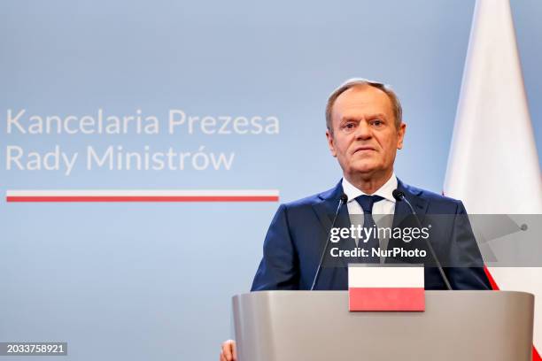 Polish Prime Minister Donald Tusk speaks to the press after bilateral talks with the Prime Minister of Canada, Justin Trudeau in the PM&quot;s...