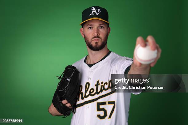 Alex Wood of the Oakland Athletics poses for a portrait during photo day at HoHoKam Stadium on February 23, 2024 in Mesa, Arizona.