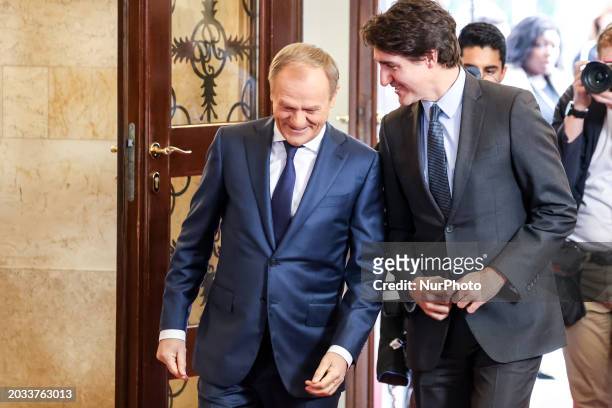 Polish Prime Minister Donald Tusk greets the Prime Minister of Canada, Justin Trudeau as they meet for bilateral talks in the PM&quot;s Cancellary on...