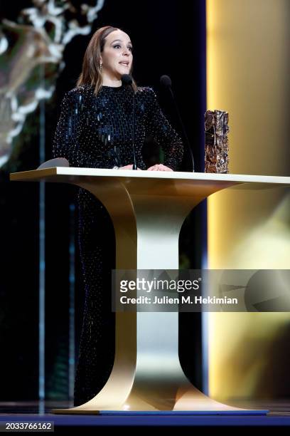 Monia Chokri accepts the 'Best Foreign Film' Cesar Award for the movie 'Simple comme Sylvain' on stage during the 49th Cesar Film Awards at L'Olympia...