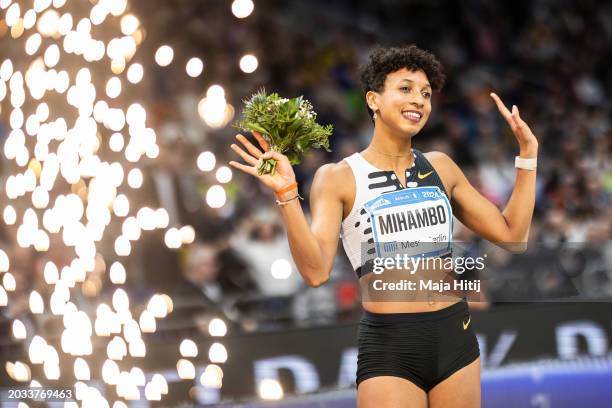 Malaika Mihambo of Germany celebrates after winning the Long Jump Women during the ISTAF Indoor Berlin at Mercedes-Benz Arena on February 23, 2024 in...