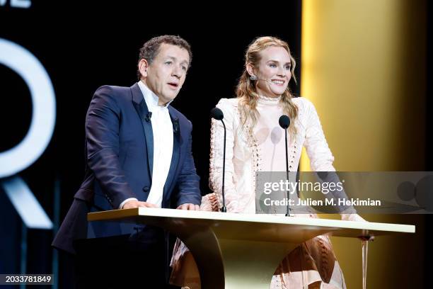 Dany Boon and Diane Kruger present the 'Best Edit' Cesar Award on stage during the 49th Cesar Film Awards at L'Olympia on February 23, 2024 in Paris,...