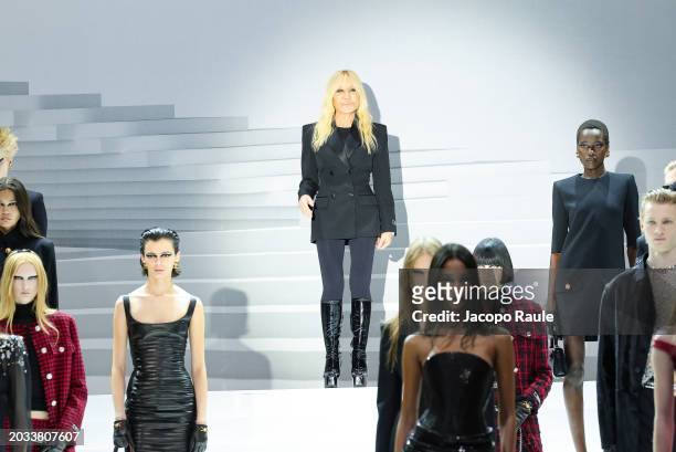 Donatella Versace walks the runway at the Versace fashion show during the Milan Fashion Week Womenswear Fall/Winter 2024-2025 on February 23, 2024 in...