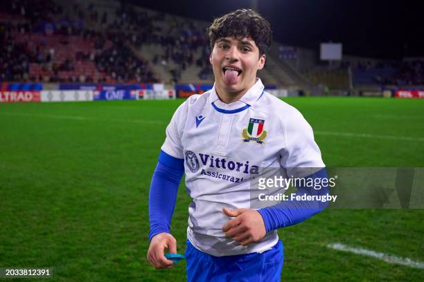 Mattia Jimenez of Italy celebrating his team's victory after the U20 Six Nations 2024 match between France and Italy at Stade Raoul-Barriere in...