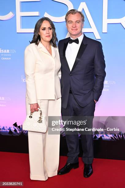 Emma Thomas and Christopher Nolan arrive at the 49th Cesar Film Awards at L'Olympia on February 23, 2024 in Paris, France.