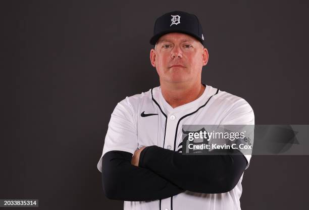 Manager A.J. Hinch of the Detroit Tigers poses for a portrait during photo day at Publix Field at Joker Marchant Stadium on February 23, 2024 in...