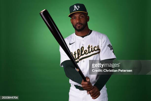 Miguel Andujar of the Oakland Athletics poses for a portrait during photo day at HoHoKam Stadium on February 23, 2024 in Mesa, Arizona.