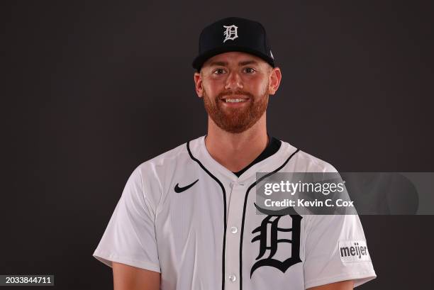 Carson Kelly of the Detroit Tigers poses for a portrait during photo day at Publix Field at Joker Marchant Stadium on February 23, 2024 in Lakeland,...