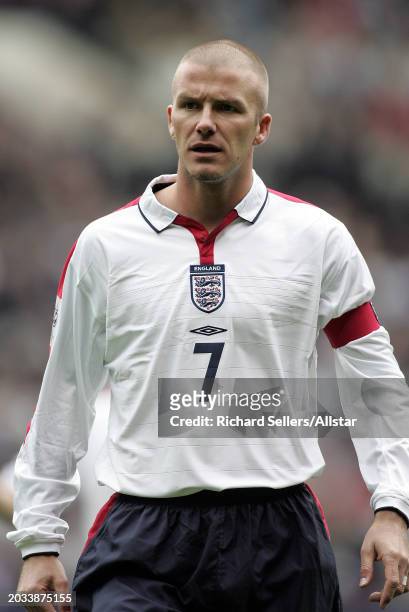 David Beckham of England in action during the Group Six World Cup Qualifier, match between England and Wales at Old Trafford on October 9, 2004 in...