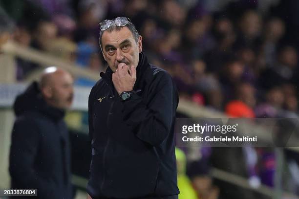 Maurizio Sarri manager of SS Lazio looks on during the Serie A TIM match between ACF Fiorentina and SS Lazio at Stadio Artemio Franchi on February...