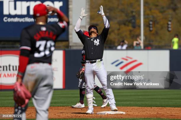 Juan Soto of the New York Yankees celebrates during a spring training game against the Minnesota Twins at George M. Steinbrenner Field on February...