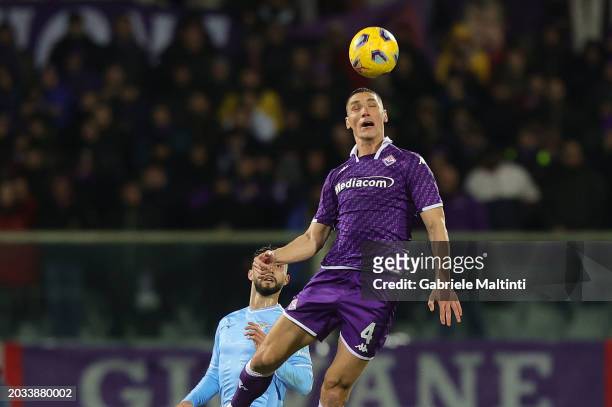 Nikola Milenkovic of ACF Fiorentina in action during the Serie A TIM match between ACF Fiorentina and SS Lazio at Stadio Artemio Franchi on February...