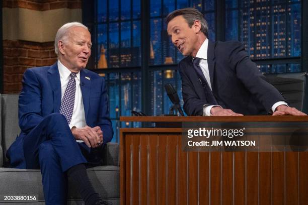 President Joe Biden speaks with host Seth Meyers during a taping of "Late Night with Seth Meyers" in New York City on February 26, 2024.