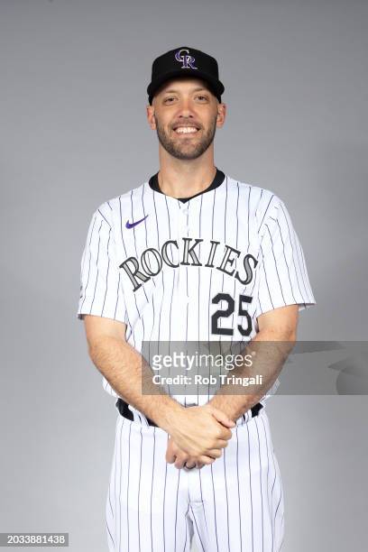 Jacob Stallings of the Colorado Rockies poses for a photo during the Colorado Rockies Photo Day at Salt River Fields at Talking Stick on Thursday,...