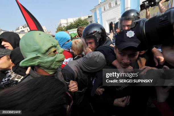 Ukrainian students clash with police during a protest action in central Kiev on September 23, 2011. Students demanded that the Education Ministry...