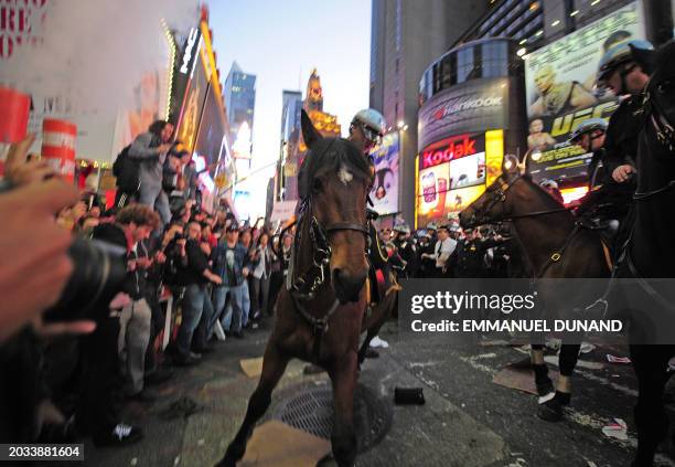 Mounted police stop Occupy Wall Street participants trying to break trough police barricade set stop them to take their demonstration onto the street...