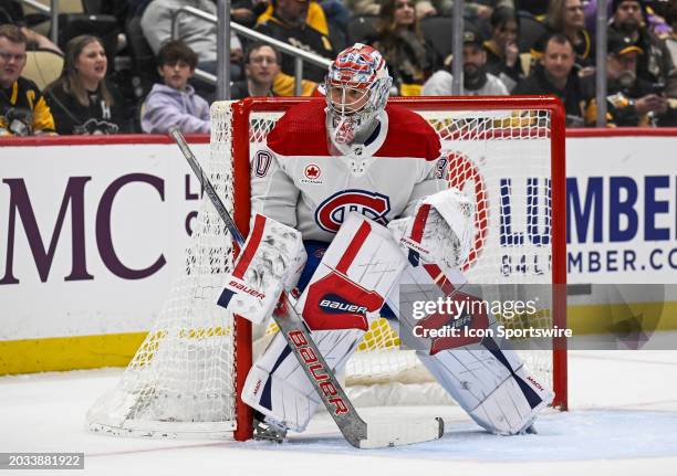 Montreal Canadiens goaltender Cayden Primeau tends net during the second period in the NHL game between the Pittsburgh Penguins and the Montreal...