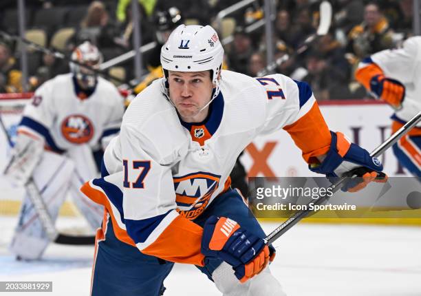 New York Islanders left wing Matt Martin looks on during the first period in the NHL game between the Pittsburgh Penguins and the New York Islanders...