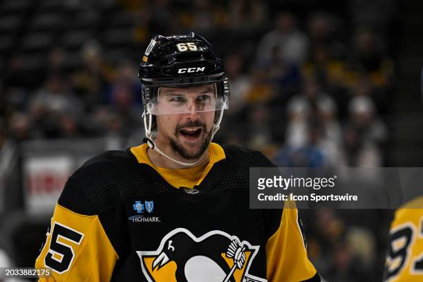 Pittsburgh Penguins defenseman Erik Karlsson looks on during the third period in the NHL game between the Pittsburgh Penguins and the New York...