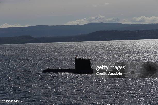 The Turkish Preveza-class submarine TCG Anafartalar is seen on the sea surface during the NATO's Dynamic Manta 2024 exercise in the Mediterranean Sea...