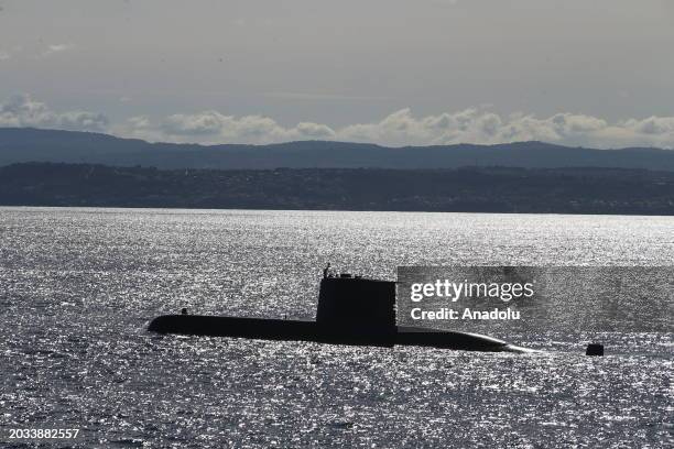 The Turkish Preveza-class submarine TCG Anafartalar is seen on the sea surface during the NATO's Dynamic Manta 2024 exercise in the Mediterranean Sea...