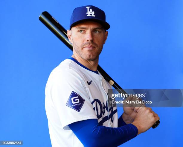 Freddie Freeman of the Los Angeles Dodgers poses for a photo during the Los Angeles Dodgers Photo Day at Camelback Ranch on Wednesday, February 21,...