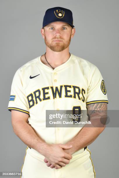 Jake Bauers of the Milwaukee Brewers poses for a photo during the Milwaukee Brewers Photo Day at American Family Fields of Phoenix on Thursday,...