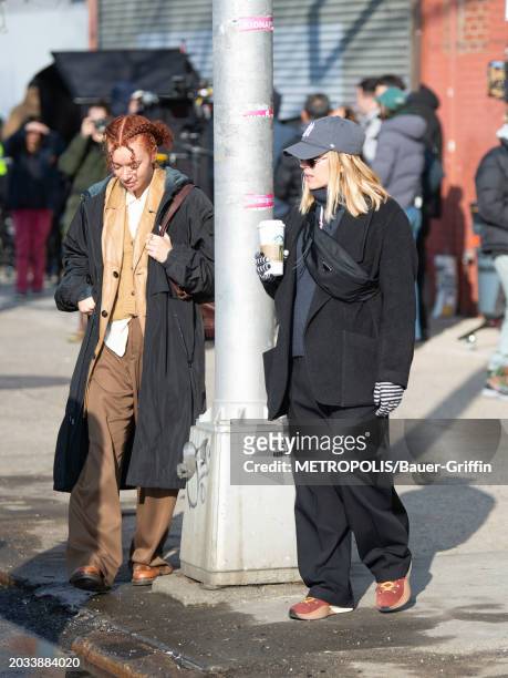 Erin Kellyman and Scarlett Johansson are seen on the set of 'Eleanor Invisible' in Coney Island on February 26, 2024 in New York City.