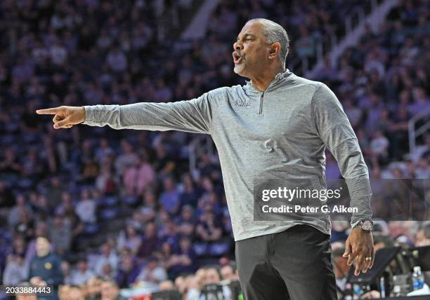 Head coach Jerome Tang of the Kansas State Wildcats calls out instructions in the second half of a game against the West Virginia Mountaineers at...