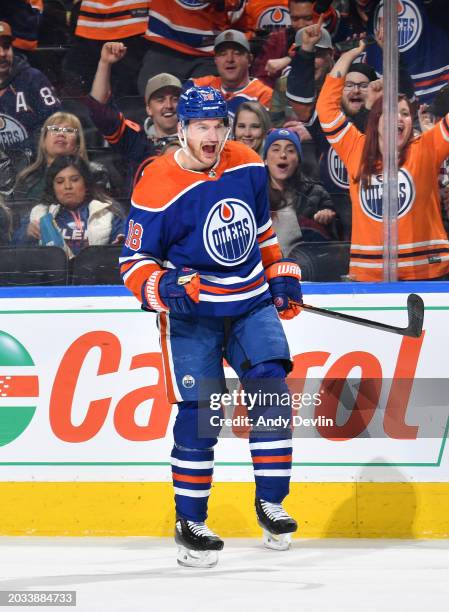 Zach Hyman of the Edmonton Oilers celebrates a first-period goal against the Los Angeles Kings at Rogers Place on February 26 in Edmonton, Alberta,...