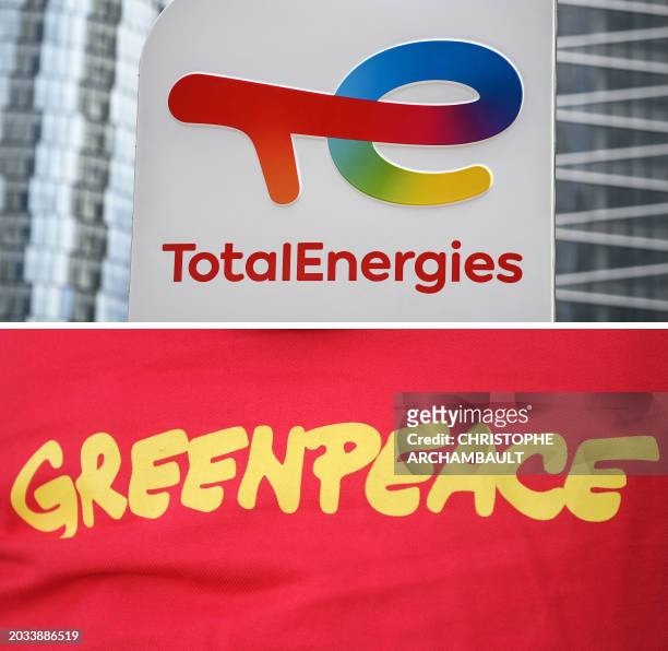This combination of files photos made on February 25 shows, the logo of energy company TotalEnergies on May 28 at La Defense; and the logo on a shirt...