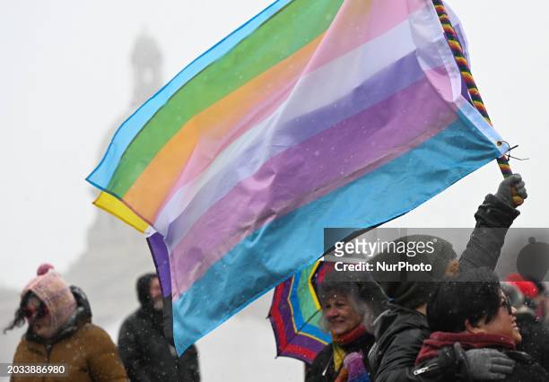 Protesters gathered at Violet King Henry Plaza in front of the Alberta Legislature to rally in support of trans youth in Alberta, on February 25 in...