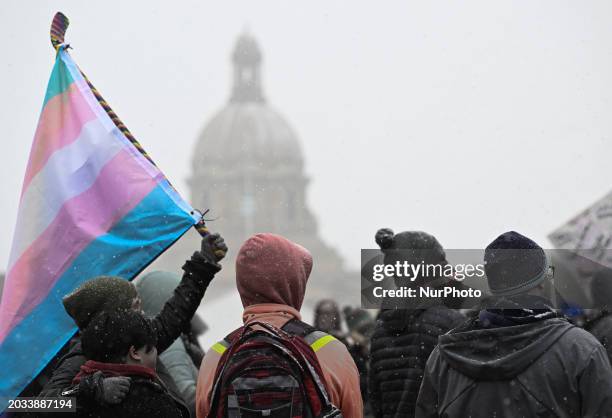 Protesters gathered at Violet King Henry Plaza in front of the Alberta Legislature to rally in support of trans youth in Alberta, on February 25 in...