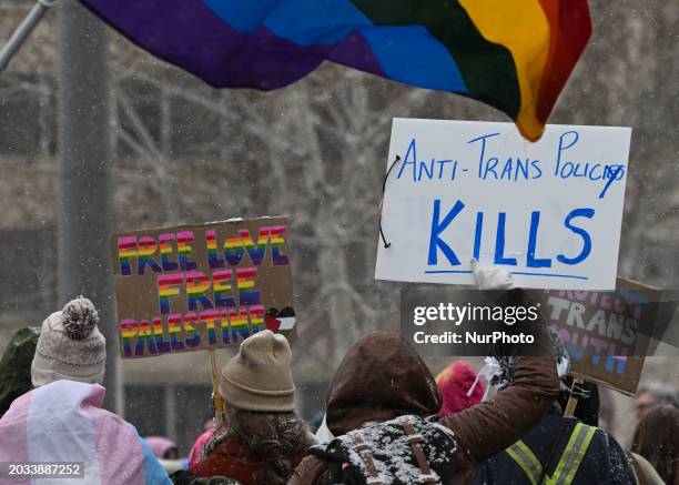 Protesters gathered at Violet King Henry Plaza in front of the Alberta Legislature to rally in support of trans youth in Alberta, on February 25 in...