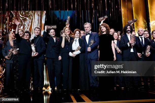 The winners pose on stage with their Cesar Award during the 49th Cesar Film Awards at L'Olympia on February 23, 2024 in Paris, France.