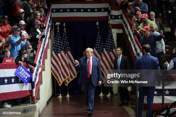 Republican presidential candidate and former President Donald Trump arrives at a Get Out The Vote rally at Winthrop University on February 23, 2024...