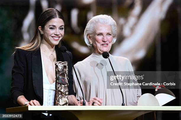 Alice Isaaz and Marie-Christine Barrault present the 'Best Supporting Actress' Cesar Award on stage during the 49th Cesar Film Awards at L'Olympia on...