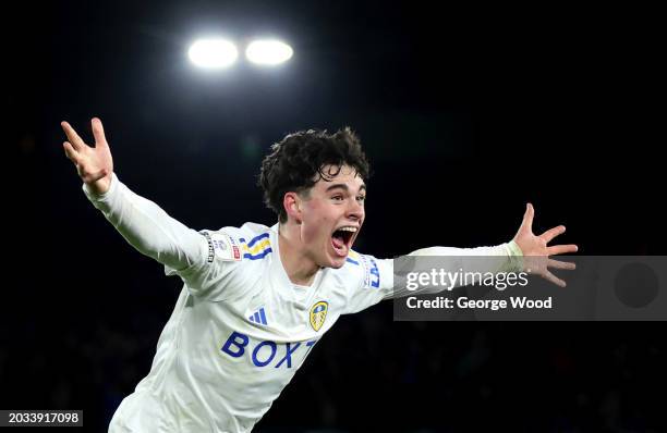 Archie Gray of Leeds United celebrates scoring his team's second goal during the Sky Bet Championship match between Leeds United and Leicester City...