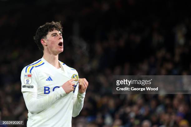Archie Gray of Leeds United celebrates scoring his team's second goal during the Sky Bet Championship match between Leeds United and Leicester City...