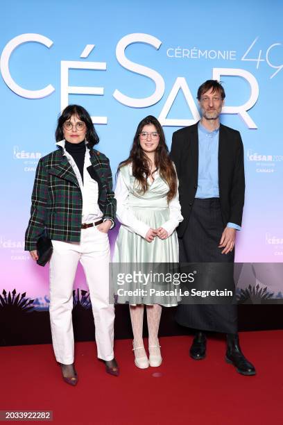 Chiara Malta, Mélinée Leclerc and Sébastien Laudenbach arrive at the 49th Cesar Film Awards at L'Olympia on February 23, 2024 in Paris, France.
