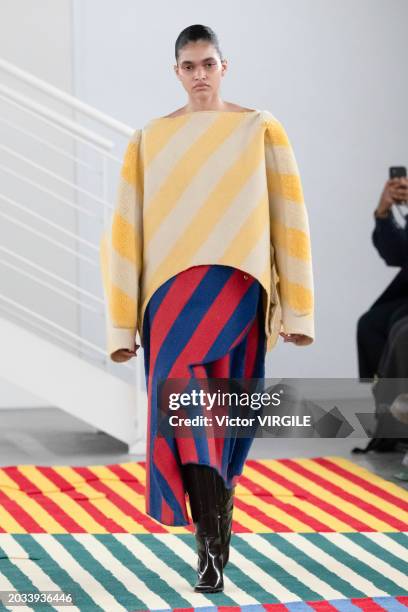 Model walks the runway during the Sunnei Ready to Wear Fall/Winter 2024-2025 fashion show as part of the Milan Fashion Week on February 23, 2024 in...