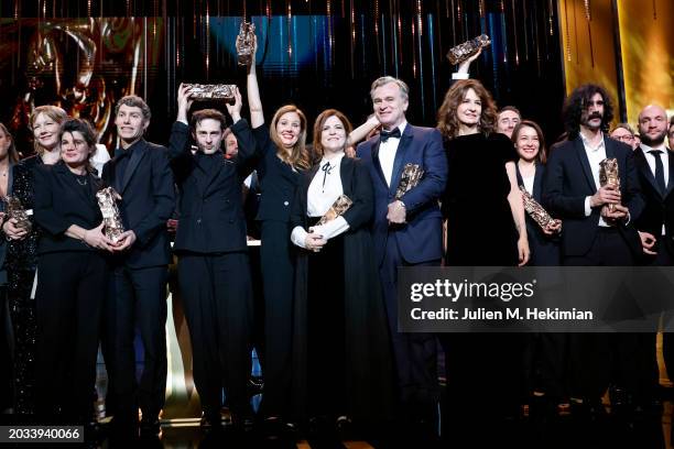 The winners pose on stage with their Cesar Award during the 49th Cesar Film Awards at L'Olympia on February 23, 2024 in Paris, France.