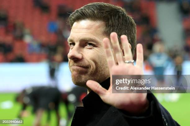 Xabi Alonso, Head Coach of Bayer Leverkusen, gestures prior to the Bundesliga match between Bayer 04 Leverkusen and 1. FSV Mainz 05 at BayArena on...