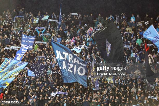 Supporters of S.S. Lazio are cheering during the Italian Serie A football match between ACF Fiorentina and S.S. Lazio at the Artemio Franchi Stadium...