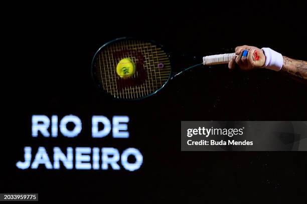 Thiago Seyboth Wild of Brazil returns a shot to Cameron Norrie of Great Britain during the quarter finals of ATP 500 Rio Open presented by Claro at...