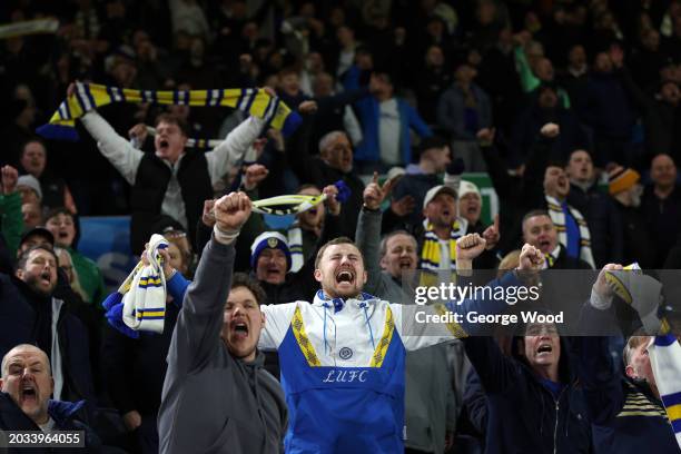 Leeds United fans celebrate victory following the Sky Bet Championship match between Leeds United and Leicester City at Elland Road on February 23,...