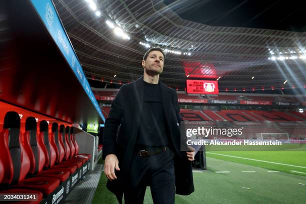 Xabi Alonso, Head Coach of Bayer Leverkusen, looks on after the Bundesliga match between Bayer 04 Leverkusen and 1. FSV Mainz 05 at BayArena on...