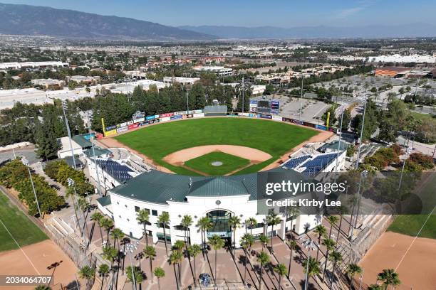 General overall aerial view of LoanMart Field stadium on October 21, 2022 in Rancho Cucamonga, California.