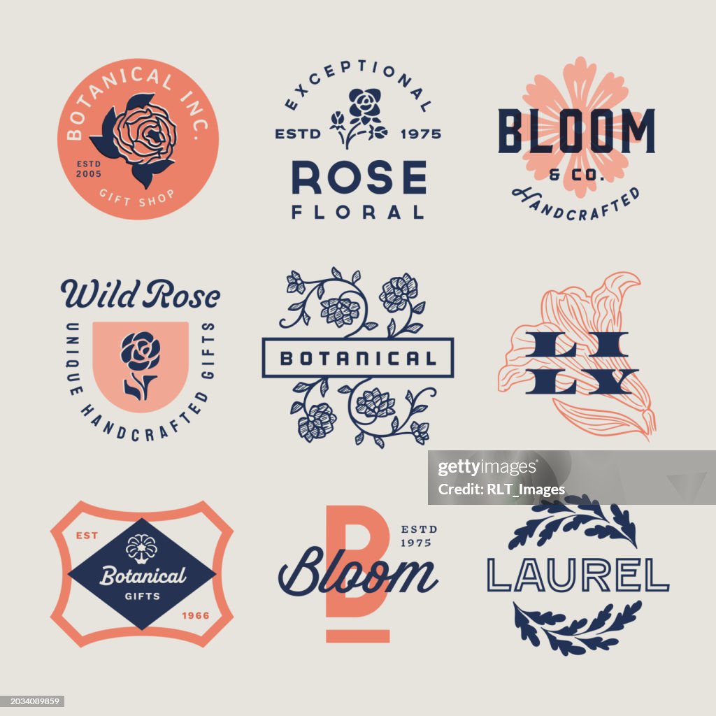 Retro-Abzeichen mit floralen und botanischen Typen