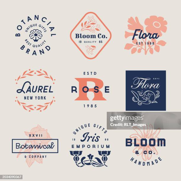 retro floral & botanical type badges - iris flower stock illustrations